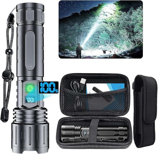 Flashlights 2000 High Lumens Rechargeable - 1500 Meters Long Beam Super Bright LED Flash Light with Power Display & IPX5 Waterproof for Camping, 20H Runtime,5 Modes,Zoomable with Belt Holsters