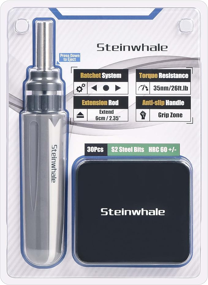 32 in 1 Ratchet Screwdriver Set with Push-Eject Extension Rod, 48-Tooth Gear Ratchet, Antislip Soft Handle, Magnetic Bit Holder, 30pcs S2 Steel Bits, Excellent Handling and Versatile Use