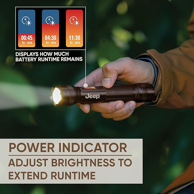 Energizer Jeep Power Indicator Rechargeable LED Flashlight, 1,000 Lumens, Rechargeable Flashlight with Trail-Ready Construction and Easy-to-Read Digital Power Indicator Display