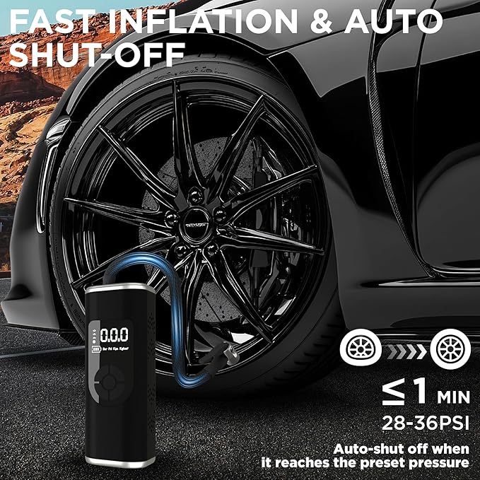 StartPro Tire Inflator Portable Air Compressor, 150PSI Cordless Air Pump, Dual Power Suply, LED Display, Flashlight, Auto Shut-Off, Fast Inflation for Car, Motorcycle, Bike, and Sports Equipment