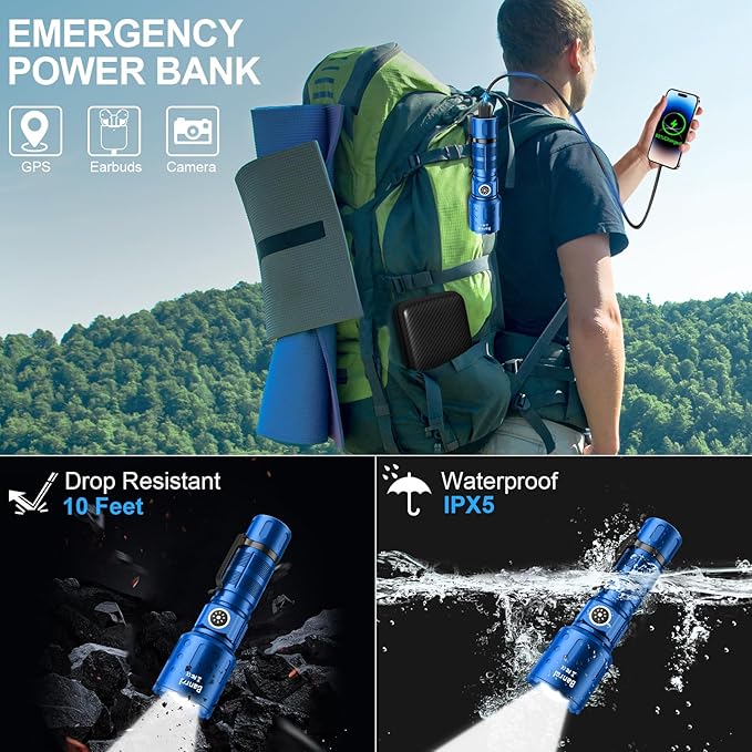 Flashlights High Lumens Rechargeable, Super Bright Long Range Small Powerful Flashlight, 6 Modes LED Tactical Pocket Waterproof Flash Light for Home Emergency (2, Blue)