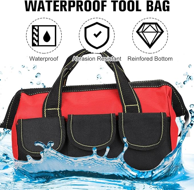 Sanwuta 3 Pack Tool Bag for Men with Waterproof Hard Bottom, Heavy Duty Tool Bag Wide Mouth Tote for Various Instrument, Electrician Carpenter Mechanic(16 Inch,Red)