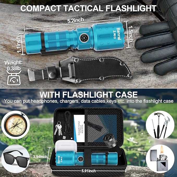 Flashlights High Lumens Rechargeable, Super Bright Long Range Small Powerful Flashlight, 6 Modes LED Tactical Pocket Waterproof Flash Light for Home Emergency (1, Turquoise)