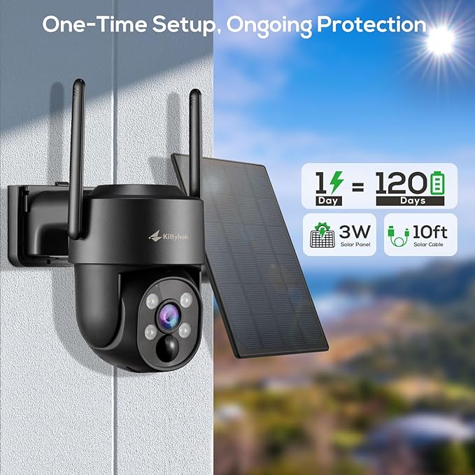 Kittyhok Black Solar Security Cameras Wireless Outdoor System, 5G/2.4G WiFi, 6pcs 2K Ultra Pan/Tilt Home Solar Security Camera with Human Detection, Spotlight, 10CH WiFi-6 NVR, 60 Days Local Storage
