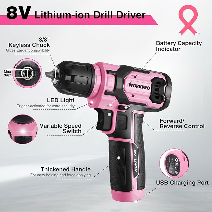 WORKPRO Pink Power Drill Set and Stackable Tool Box, 8V Cordless Drill Driver with Bit Set, 2.0Ah Electric Cordless Screwdriver Kit with 3/8" Keyless Chuck, For Home DIY- Pink Ribbon