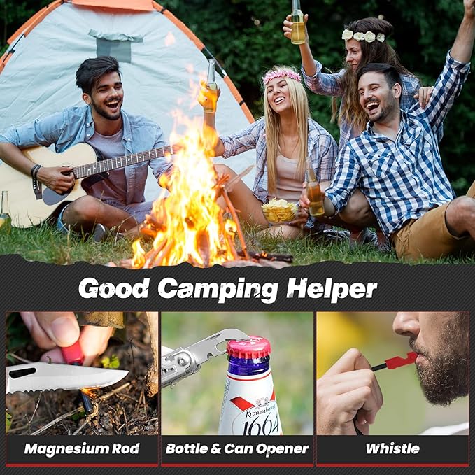 BIBURY Multitool Pliers BI2038B, 22-in-1 Stainless Steel Multi Tool with Flint, Window Breaker, Scissors, Back Clip, Folding Pocket Multifunctional Self-locking EDC Tool for Survival Camping Hiking