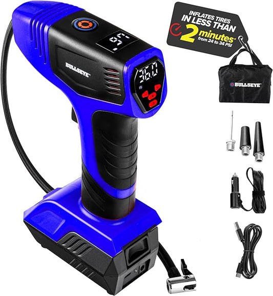 Bullseye Pro Tire Inflator Portable Air Compressor, Car Tire Inflator Portable, Portable Air Pump for Car Tires - 150PSI, 12V DC 1500 mAhs with Tire Pressure Gauge, Rechargeable As Seen On TV(Blue)