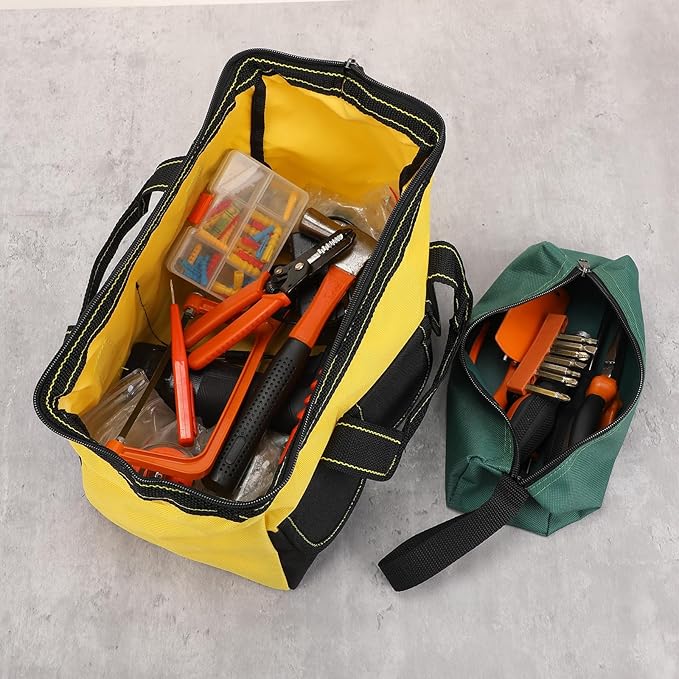 Sanwuta 9 Pcs Tool Bag for Men 3 Heavy Duty Wide Mouth Tool Bags and 6 Small Waterproof Pouch Tote for Electrician Carpenter Mechanic Father's Day Christmas Gifts(16 Inch,Blue Red Yellow)