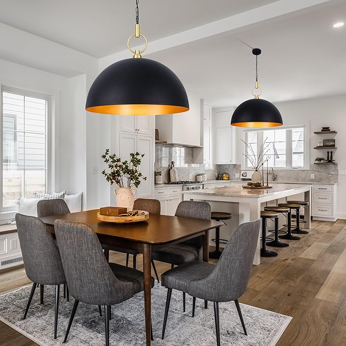 23.6" Farmhouse Pendant Lights for Kitchen Island, Black and Gold Large Dome Pendant Light Fixture Industrial Hanging Lamp for Dining Room Living Room Hallway Bar Bedroom