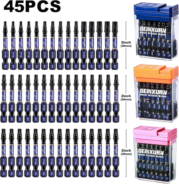 Impact Security Torx Screwdriver Bits Set,45 Pcs 2" Magnetic (TT10/TT15/TT20/TT25/TT30) S2 Steel Multi Hollow Star Driver Bits with Colorful Box
