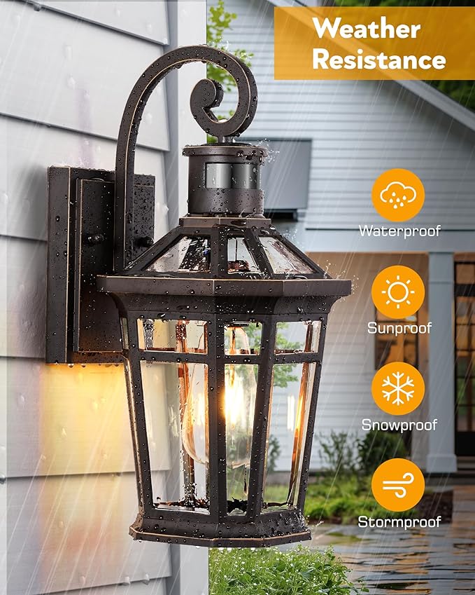2 Pack Motion Sensor Outdoor Porch Lights Wall Mount, Oil Rubbed Bronze Outside Garage Lights Wall Lantern, Dusk to Dawn Exterior Lighting Fixtures, Anti-Rust Outside Sconce Light for Patio