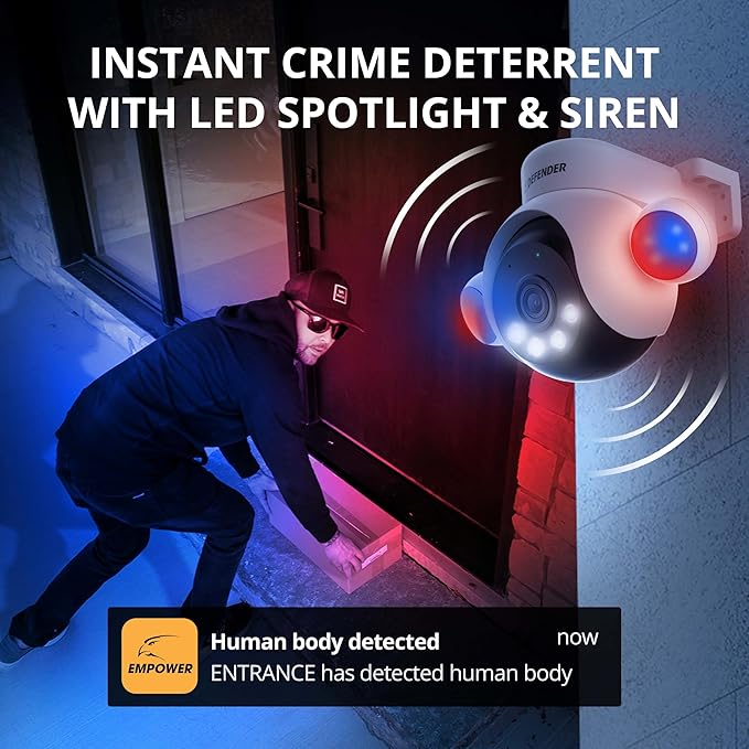 Defender Exclusive Bundle: AI Powered Sentinel 4K Wired Security Camera System, 360° PTZ Security Camera System, AI Tracking, Human Detection, Blue/Red Lights, Color Night Vision | 4 Cameras 1TB
