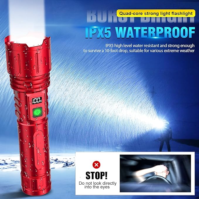 Rechargeable Flashlights High Lumens - 1500 Meters Long Beam Super Bright LED Flash Light with Power Display & IPX5 Waterproof for Camping, 20H Runtime,5 Modes,Zoomable Handheld Flashlight -2pcs Red