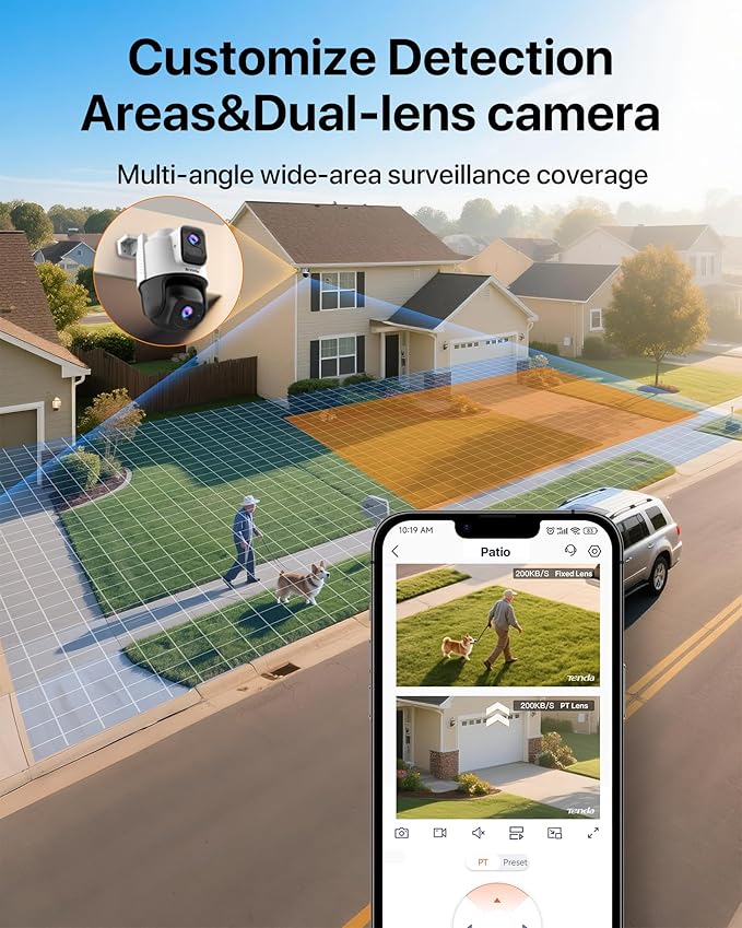 Tenda Wi-Fi Outdoor Camera 2K+2K, 360° PTZ Surveillance Camera with Dual Lens, FHD Auto Tracking, IP65 Waterproof, Color Night Vision, Two-Way Audio, Vehicle Detection – CH9