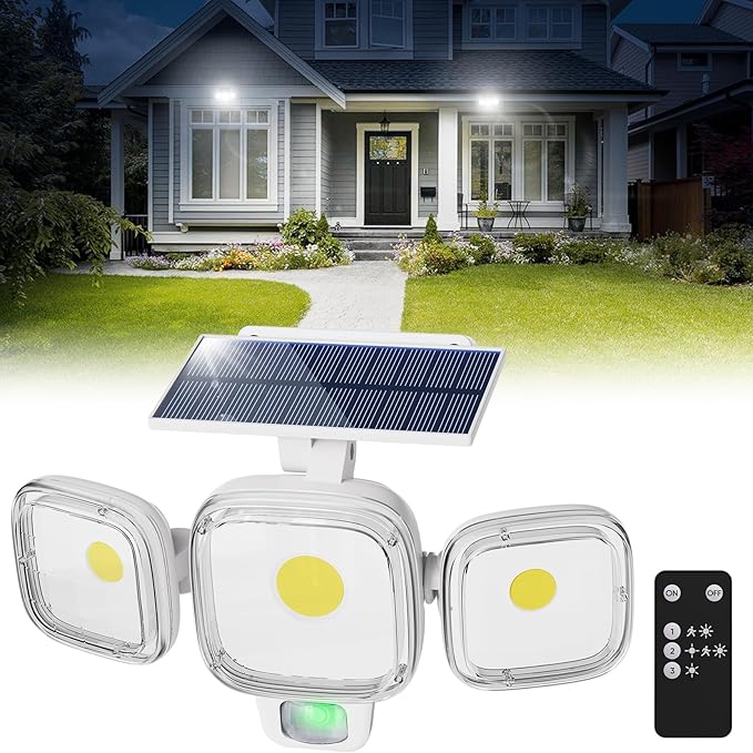 CINOTON Solar Motion Sensor Outdoor Lights, 3 Modes LED Security Flood Light with Remote Control, IP65 Waterproof Solar Powered Outside Wall Lighting for Garden Porch Garage Yard Driveway White 1 Pack