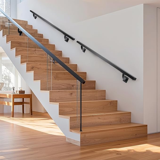 4 FT Heavy Duty Black Metal Staircase Handrail Indoor Stair Railing - 48 Inch Wall Mount Iron Pipe Hand Rails for Indoor & Outdoor, Banister Steps Rail Safety Wall Grab Bar for Handicap