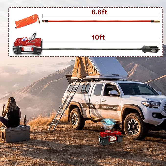 YUNGTEE Red Tire Inflator Heavy Duty Double Cylinders Direct Drive Inflation Pump,12V Portable Air Compressor Pump with LED Light-Digital Pressure Gauge 150PSI Tire Pump,Apply to Car,SUV,Air Bed