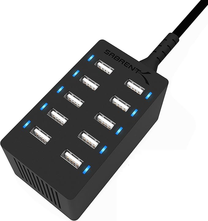 Sabrent 60 Watt (12 Amp) 10-Port [UL Certified] Family-Sized Desktop USB Rapid Charger. Smart USB Ports with Auto Detect Technology [Black] (AX-TPCS)
