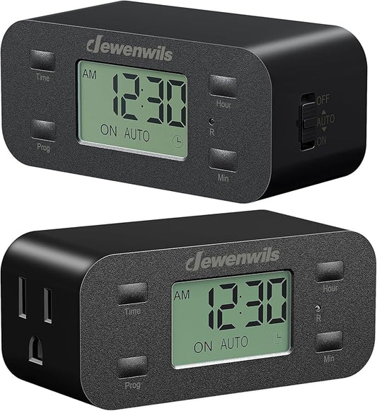 DEWENWILS 24 Hour Programmable Digital Timer Outlet with 1 Grounded Outlet, 2 Pack Timers for Electrical Outlets, 3 Prong Light Timer for Indoor Lamp Fan Aquarium, 125V/15A/1000W, 1/2 HP, Black