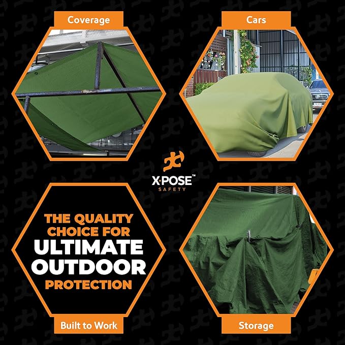 Xpose Safety Canvas Tarp - 10oz Green Canvas Tarps Heavy Duty Water Resistant with Brass Grommets- Multipurpose Outdoor Tarpaulin for Camping, Canopy, Trailer, Equipment Cover 14' x 14'