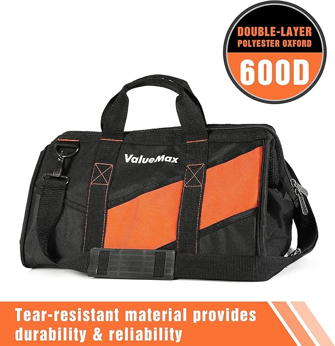 ValueMax 16-Inch Wide Mouth Tool Bag, Tool Organizer Tote Bag with Shoulder Strap, Heavy-duty Tool Storage Bag with 13 Pockets for HVAC, Plumber, Mechanic