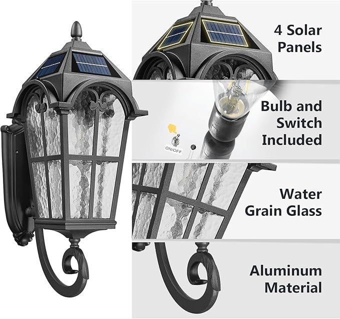 Emliviar Exterior LED Solar Wall Sconce with Remote Control, 24'' Front Door Wall Lantern with Water Glass Shade, Waterproof Solar Black Wall Light with E26 Bulb, YXE302MB-SL BK