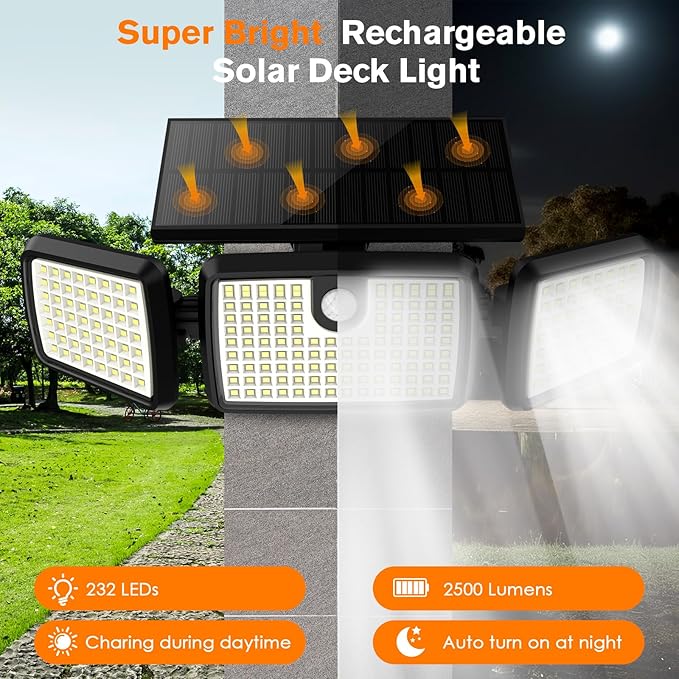 Solar Lights Outdoor, Quick Charge Solar Motion Deck Lights Outdoor for Deck with 232LEDs High Brightness, Larger Built-in Tempered Glass Panel, Sensitive PIR Motion Inductor (Remote,2 Pack)