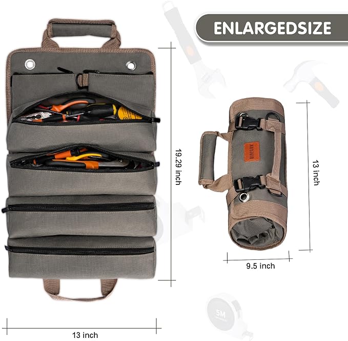 Roll Up Tool Bag, Heavy Duty Tool Organizer Bag, Portable Tools Bag with 6 Tool Pouches for Mechanics, Electricians, DIY Projects, Gifts for Men Dad Husband (Army Green)