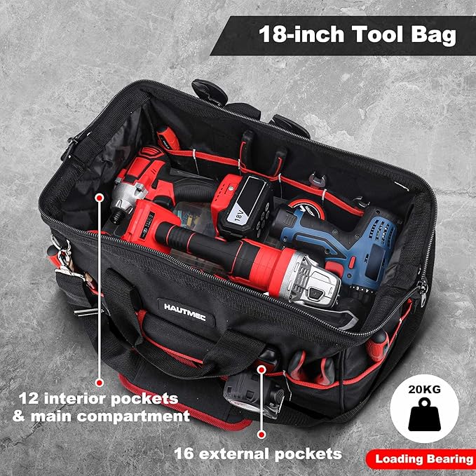 HAUTMEC 3 Piece Large Tool Bag Set, Heavy Duty 1680D Wide Mouth Tool Bags with Padded Shoulder Strap, Non-Slip Base, Double Zipper & Organiser Pockets – 12”, 18”, 24” Sizes – HT0297
