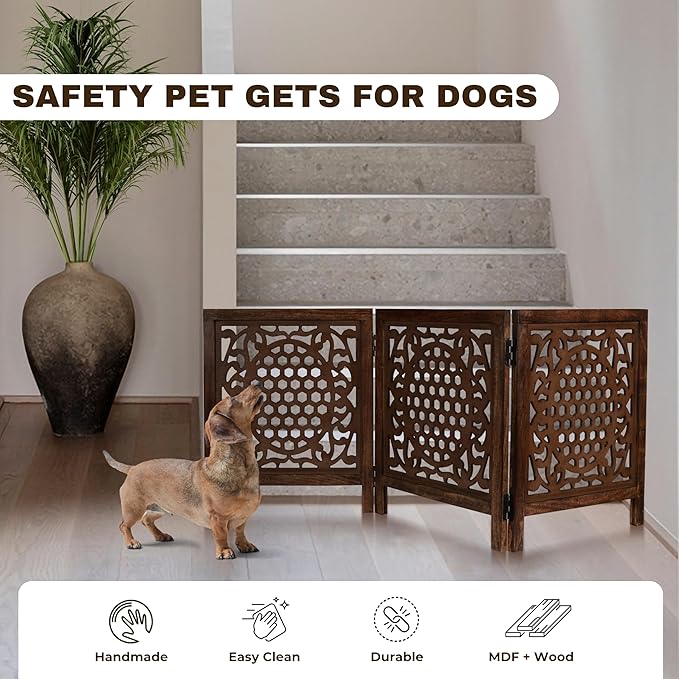 Wooden Freestanding Foldable Dog Gate – 3 Panels, Extra Wide, 24'' Height, Decorative Pet Gate for Doorways, Natural Bedding Cratf