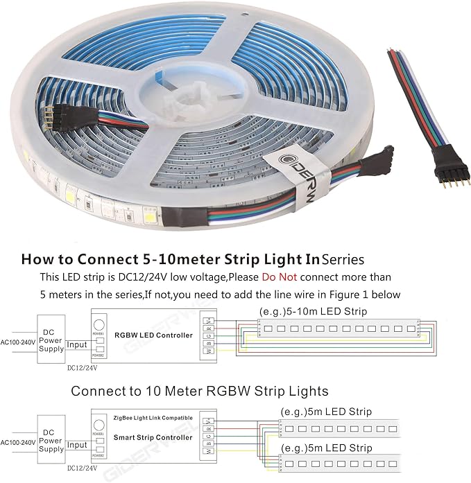 GIDERWEL RGBW LED Strip Light,16.4ft RGB+Cold White SMD5050 Flexible 12V LED Strips 300LEDs,Dimmable Mixed Color Changing LED Tape Light Ambiance Lighting for Party Home Kitchen,Only 5m Strips