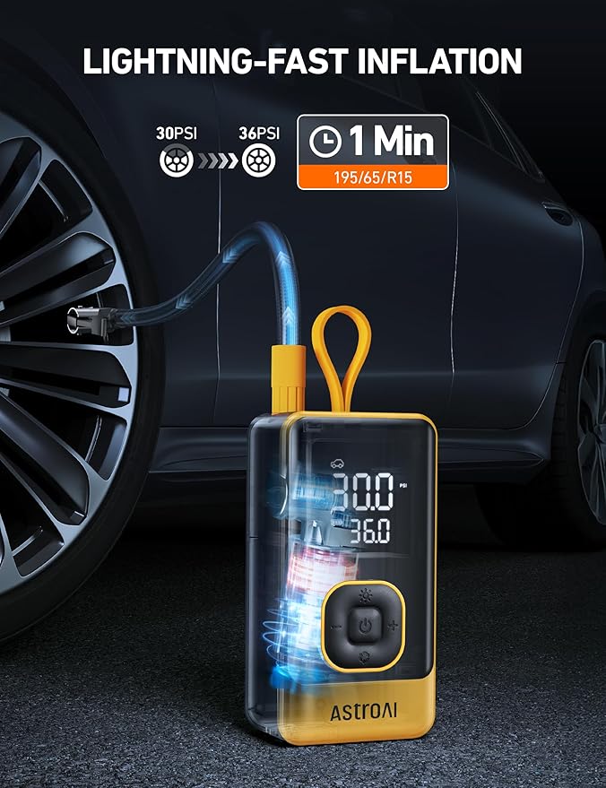 AstroAI L7 Air Tire Inflator Portable Air Compressor, 150PSI Electric Cordless Bike Pump with Fast 1-min Inflation, Auto Shutoff, LED Light – Rechargeable for Car, SUV, Motorcycle, Bike Tires, Yellow