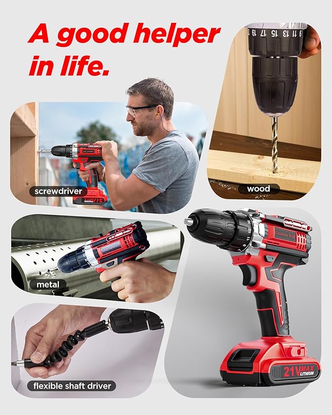 Drill, 21V Cordless Drill with Dual 2.0Ah Power Pack and Charger, Electric Power Drills Set, 3/8 Inch Chuck, 25+1 Torque, 2 Speed 29 Accessories Tool for DIY, Gifts