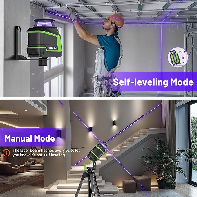 360° Laser Level, HUEPAR 82-165Ft 3 Brightness Levels Self Leveling Laser Level with Pulse Mode, Purple High Penetration Laser Rechargeable Li-ion Battery Lazer Leveler Tool for Indoor DIY Project