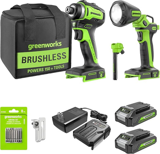 Greenworks 24V Cordless Impact Driver & 2-in-1 Work Light Kit with 2x 2Ah Batteries & Charger – Brushless, Lightweight for DIY, Home Repairs & Outdoor Use