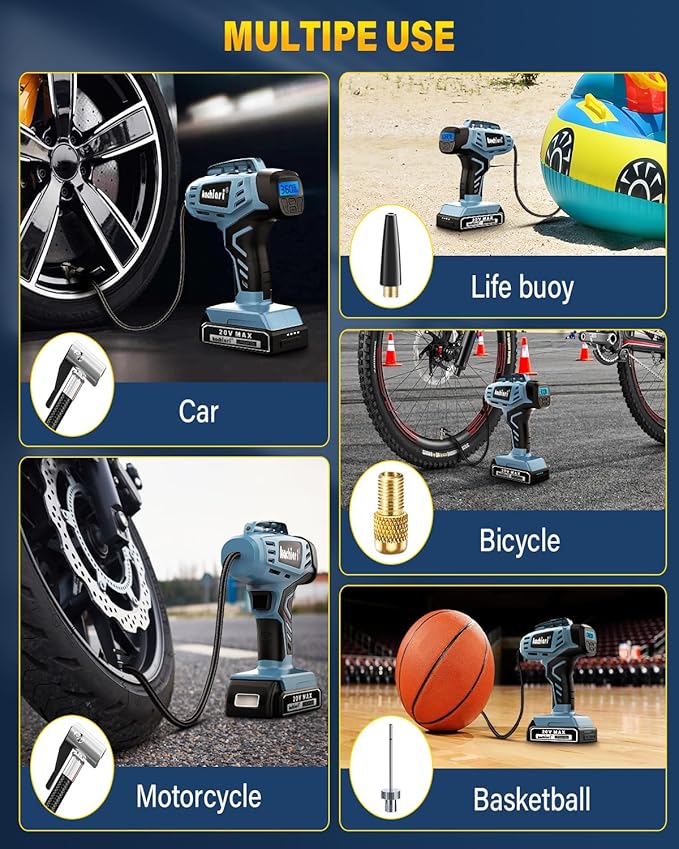 Tire Inflator Portable Air Compressor, 20V Cordless Car Tire Pump, Rechargeable Battery Powered Air Compressor w/12V DC Adapter Grey