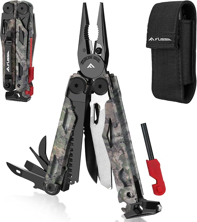FLISSA Multitool, 18 in 1 Camo Multitool Pliers with Fire Starter, Window Breaker, Whistle, Stainless Steel EDC Gear with Sheath - Perfect for Survival, Simple Repair, Outdoor, Camping