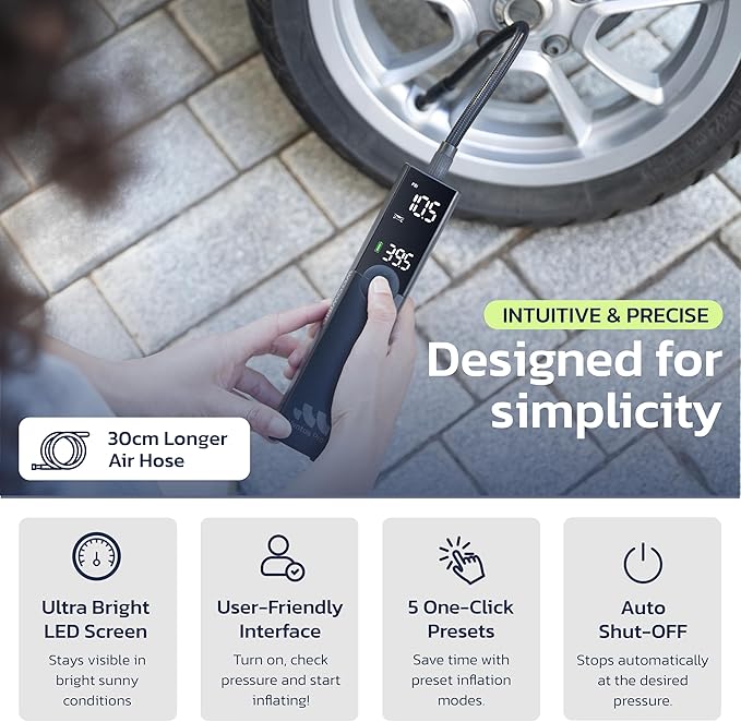 Tire Inflator Portable Air Compressor for Car, Bike, Motorcycle, SUV, Offroad & Truck - Fast Car Pump, 150 PSI, Cordless 12V DC, LED Display Emergency Light Woowind (Ventus pro)