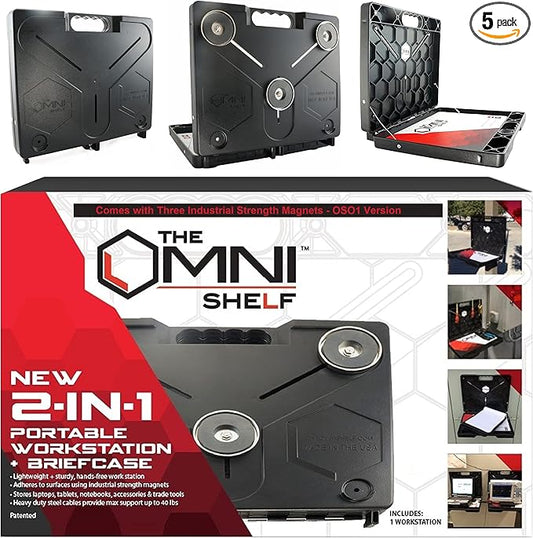 The OmniShelf Magnetic Portable Workstation + Toolbox, Computer & Laptop Stand, Multimeter Case, Utility Shelf w/ 50 lb Capacity, Hands Free Workstation Attaches to HVAC, Trucks & More (5 Count)