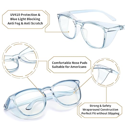 Alsenor Safety Glasses Anti Fog Goggles Protective Eyewear Blue Light Blocking Anti Dust UV Protection Glasses For Men Women (Sky-Blue)