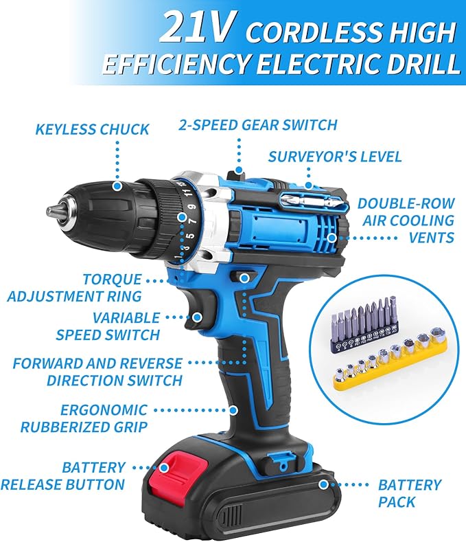 Electric Screwdriver Drill Bit Set Kit, Home cordless drill tool box, Small Hand Drill ToolSet, Essential Portable Power Drills Set for Men, Battery Operated 20v Engineer's Tool