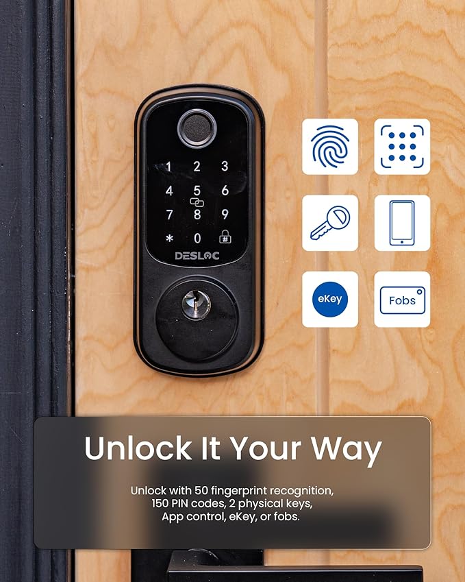 DESLOC Smart Door Lock B200, Smart Deadbolt Lock, Keyless Entry Door Lock, Fingerprint Deadbolt Smart Lock, Smart Locks for Front Door, App Control, Touchscreen Keypad Deadbolts,12-Month Battery, IP54