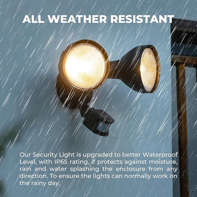 Motion Sensor Outdoor Light, 300W PAR38 Bulb Compatible, IP65 Waterproof Flood Lights, 2 Head Dusk to Dawn Motion Detected Security Light for Patio, Garage, Yard (Black, Bulbs not Included)