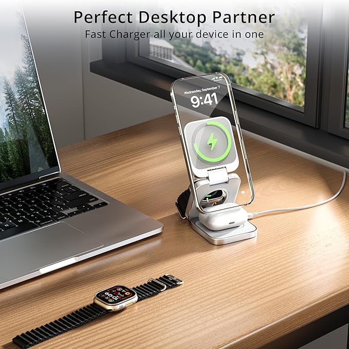 LULULOOK 3 in 1 Wireless Charger, Foldable Charging Station 15W Fast Mag-Safe Charger for Apple 15 14 13 12, 5W for Apple Watch, AirPods 3/2/Pro