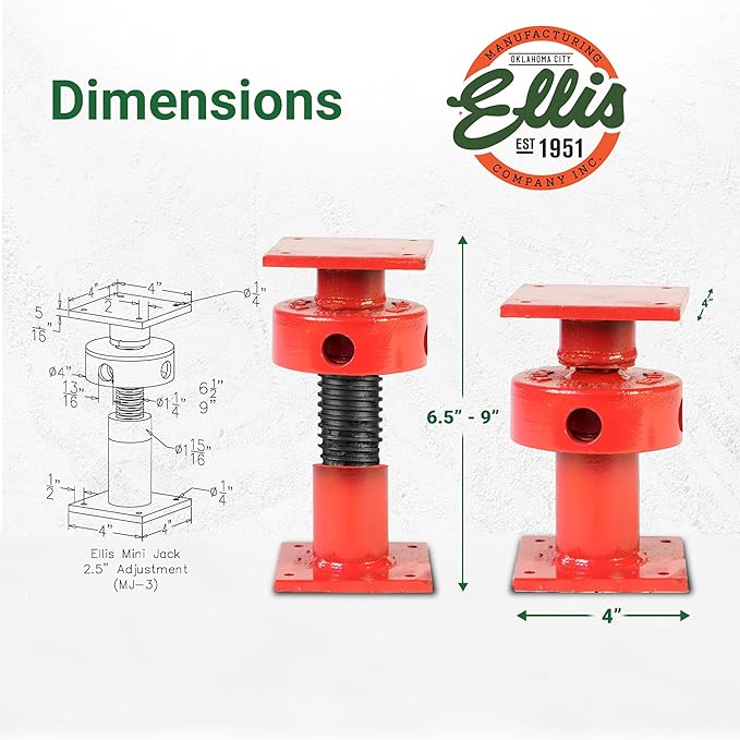 Ellis Manufacturing Adjustable Mini Screw Jack Post – House Jack for Foundation, Floor Leveling, and Concrete Bracing – 15,000 lb Max Load Capacity – 2.5" Adjustment