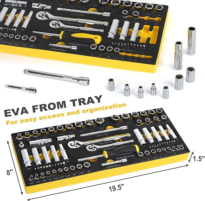 TOPLINE 79-Piece 1/4” & 3/8”Drive Impact Socket Wrech Set, 6-Point Socket Set, Metric, SAE CR-V Sockets with EVA Foam Tray for Bench Storage, Deep & Standard Mechanic Tool Set for Home Maintenance