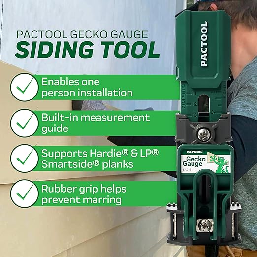 Pactool Universal Gecko Gauge Siding Tool – One-Person Installation for Hardie® Fiber Cement & LP® SmartSide® Engineered Wood, Durable Grip, Heavy-Duty Support for 12’ & 16’ Planks
