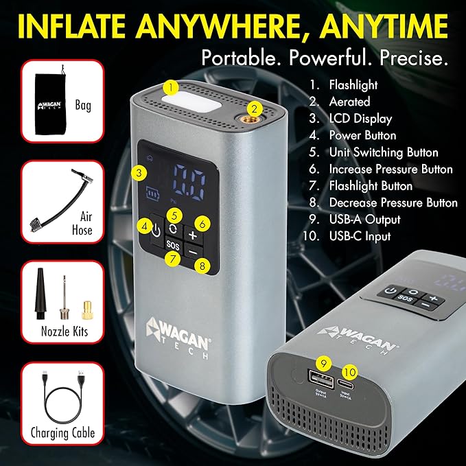 Wagan EL7317 Cordless Air Tire Inflator, 150PSI Portable Air Pump with Auto Shut-Off LED Light Handheld Air Compressor for Car, Bicycle, Motorcycle, Ball