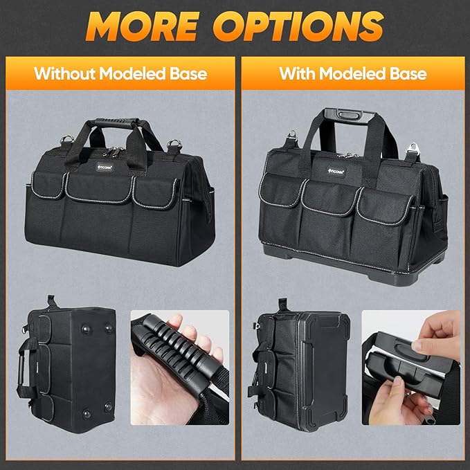 TICONN Heavy Duty Tool Bag with Multi-Pockets, Portable Tool Box Organizer Storage Bag, with Adjustable Shoulder Strap and Ergonomic Handle (Black, 16" Standard Base)