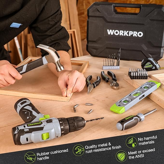 WORKPRO Home Tool Kit with Power Drill, 108PCS Power Home Tool Set with 12V 1.5 Ah Battery Powered Screwdriver and Tool Box, Electric Cordless Drill Set with Keyless Chuck and Variable Speed Trigger